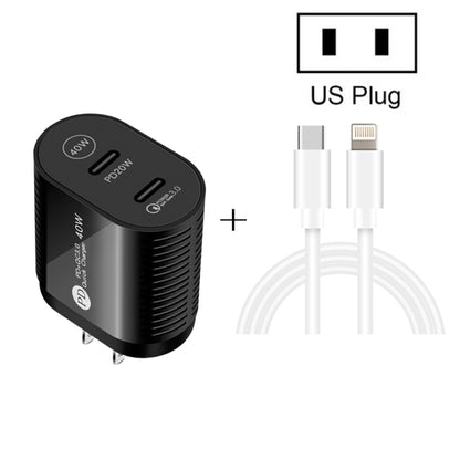 40W Dual Port PD / Type-C Fast Charger with Type-C to 8 Pin Data Cable, US Plug(Black) - USB Charger by PMC Jewellery | Online Shopping South Africa | PMC Jewellery | Buy Now Pay Later Mobicred