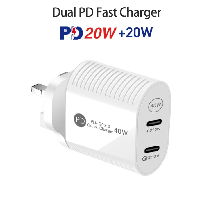 40W Dual Port PD / Type-C Fast Charger with Type-C to 8 Pin Data Cable, UK Plug(White) - USB Charger by PMC Jewellery | Online Shopping South Africa | PMC Jewellery | Buy Now Pay Later Mobicred