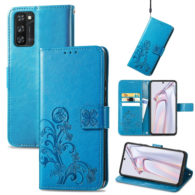 For Blackview A100 Four-leaf Clasp Embossed Buckle Mobile Phone Protection Leather Case with Lanyard & Card Slot & Wallet & Bracket Function(Blue) - More Brand by PMC Jewellery | Online Shopping South Africa | PMC Jewellery | Buy Now Pay Later Mobicred