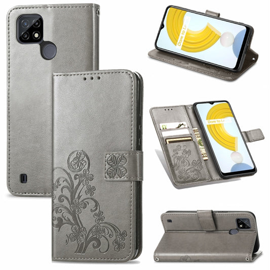 For OPPO Realme C21Y Four-leaf Clasp Embossed Leather Case with Lanyard & Card Slot & Wallet & Holder(Grey) - Realme Cases by PMC Jewellery | Online Shopping South Africa | PMC Jewellery | Buy Now Pay Later Mobicred