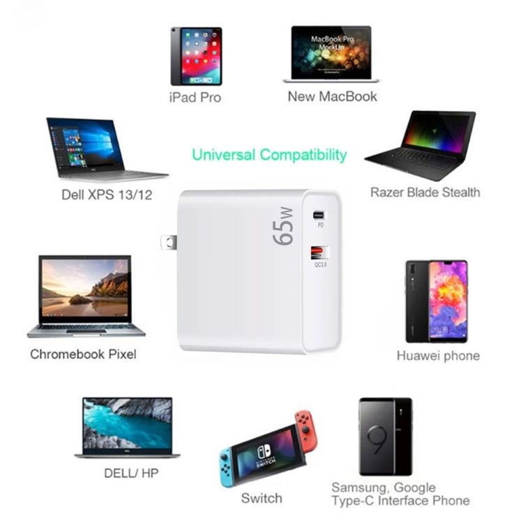 PD-65W USB-C / Type-C + QC3. 0 USB Laptop Charging Adapter + 2m USB-C / Type-C to USB-C / Type-C Data Cable Set, EU Plug / AU Plug / US Plug / UK Plug(Black) - Cable & Adapter by PMC Jewellery | Online Shopping South Africa | PMC Jewellery | Buy Now Pay Later Mobicred