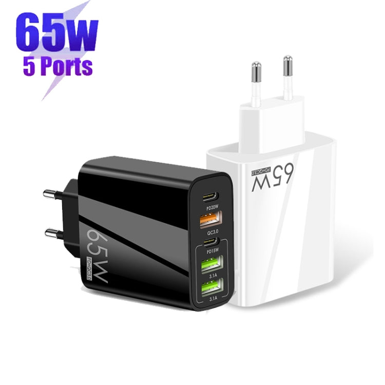 65W Dual PD Type-C + 3 x USB Multi Port Charger with 3A Type-C to 8 Pin Data Cable, EU Plug(Black) - USB Charger by PMC Jewellery | Online Shopping South Africa | PMC Jewellery | Buy Now Pay Later Mobicred