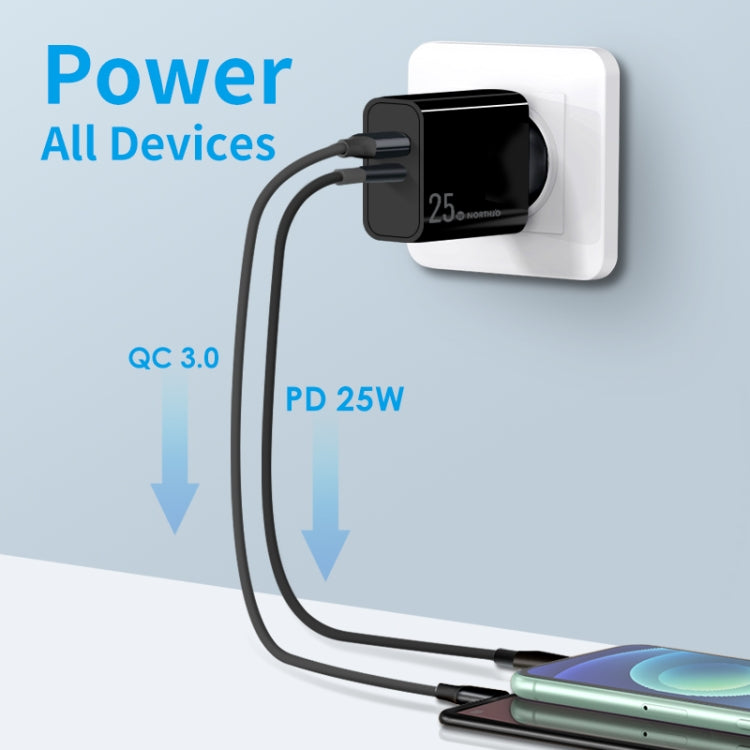 NORTHJO NOPD2502 PD 25W USB-C/Type-C + QC 3.0 USB Dual Ports Fast Charger, Plug Type:EU Plug(Black) - USB Charger by NORTHJO | Online Shopping South Africa | PMC Jewellery | Buy Now Pay Later Mobicred