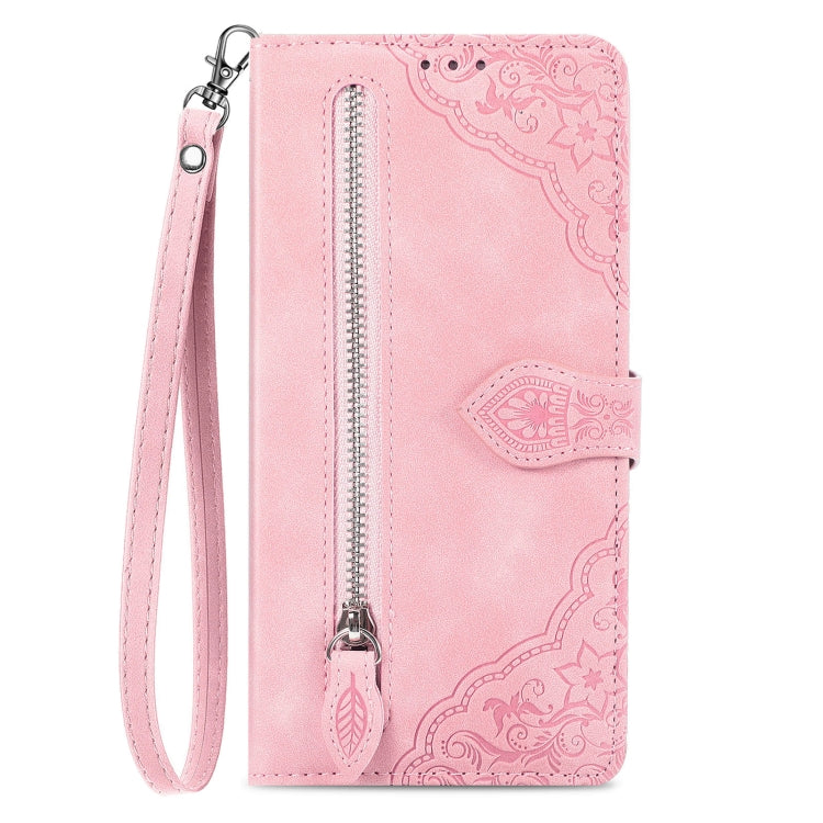 For Google Pixel 9 Pro Embossed Flower Zipper Leather Phone Case(Pink) - Google Cases by PMC TechLife | Online Shopping South Africa | PMC TechLife | Buy Now Pay Later Mobicred