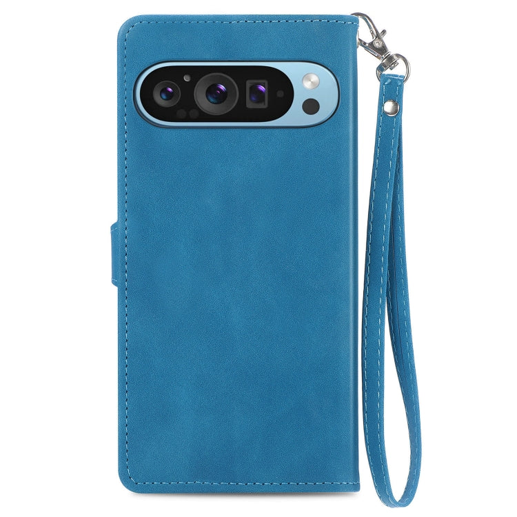 For Google Pixel 9 Embossed Flower Zipper Leather Phone Case(Blue) - Google Cases by PMC Jewellery | Online Shopping South Africa | PMC Jewellery | Buy Now Pay Later Mobicred