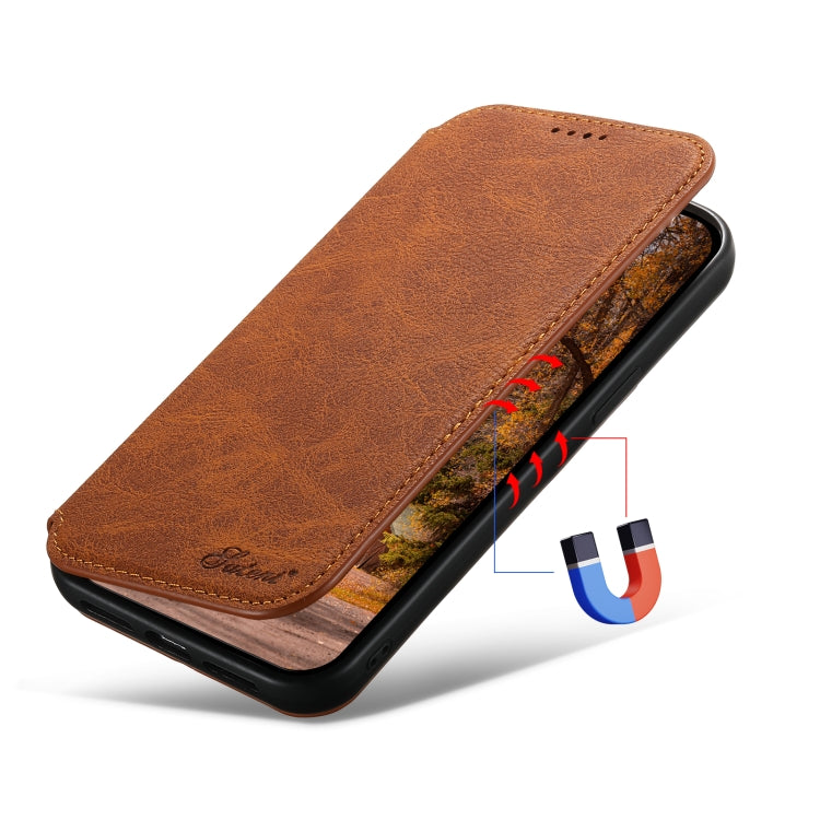 For iPhone 14 Plus Suteni J06 Retro Matte Litchi Texture Leather Magnetic Magsafe Phone Case(Khaki) - iPhone 14 Plus Cases by Suteni | Online Shopping South Africa | PMC Jewellery | Buy Now Pay Later Mobicred