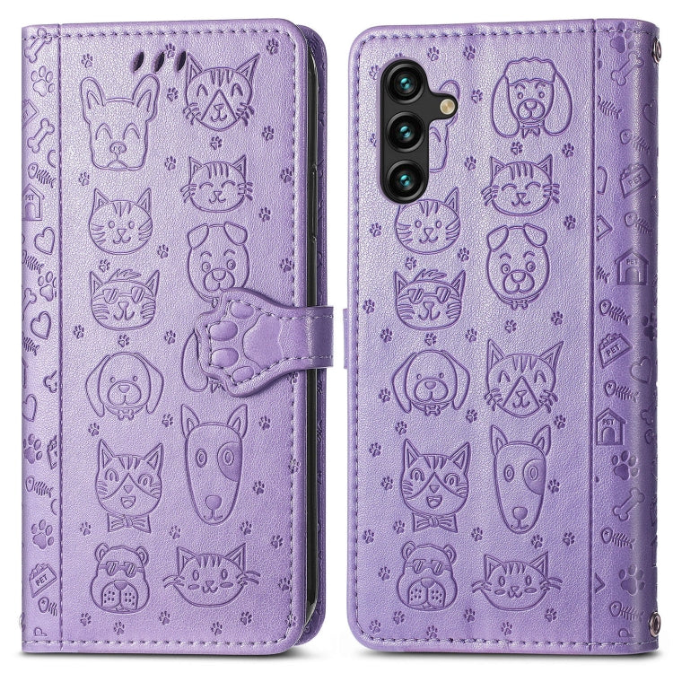 For Samsung Galaxy A24 4G Cute Cat and Dog Embossed Flip Leather Phone Case(Purple) - Galaxy Phone Cases by PMC Jewellery | Online Shopping South Africa | PMC Jewellery