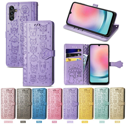 For Samsung Galaxy A24 4G Cute Cat and Dog Embossed Flip Leather Phone Case(Purple) - Galaxy Phone Cases by PMC Jewellery | Online Shopping South Africa | PMC Jewellery