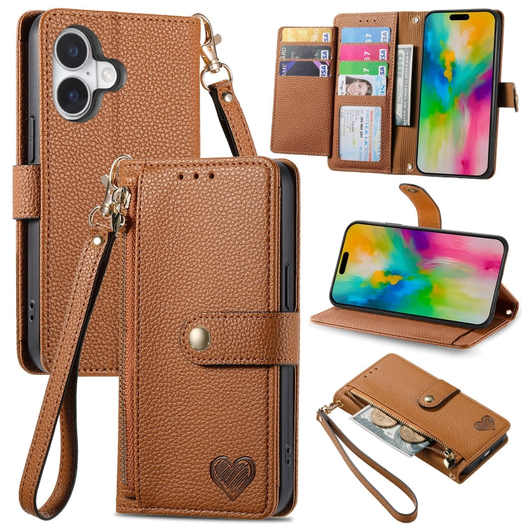 For iPhone 16 Plus Love Zipper Lanyard Leather Phone Case(Brown) - free shipping - PMC Jewellery - Order now!