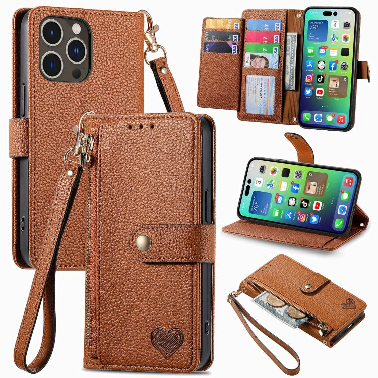 For iPhone 16 Pro Max Love Zipper Lanyard Leather Phone Case(Brown) - iPhone 16 Pro Max Cases by PMC Jewellery | Online Shopping South Africa | PMC Jewellery | Buy Now Pay Later Mobicred