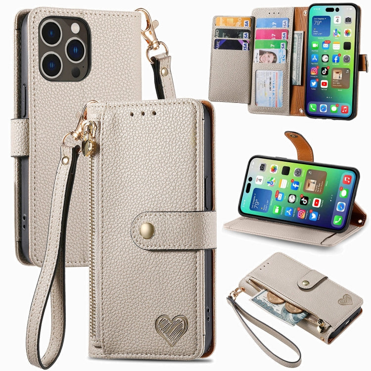 For iPhone 16 Pro Max Love Zipper Lanyard Leather Phone Case(Gray) - iPhone 16 Pro Max Cases by PMC Jewellery | Online Shopping South Africa | PMC Jewellery | Buy Now Pay Later Mobicred