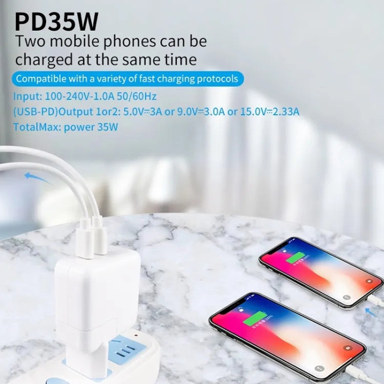 35W PD3.0 USB-C / Type-C Dual Port Charger with 2m Type-C to Type-C Data Cable, EU Plug - free shipping - PMC Jewellery - Order now!