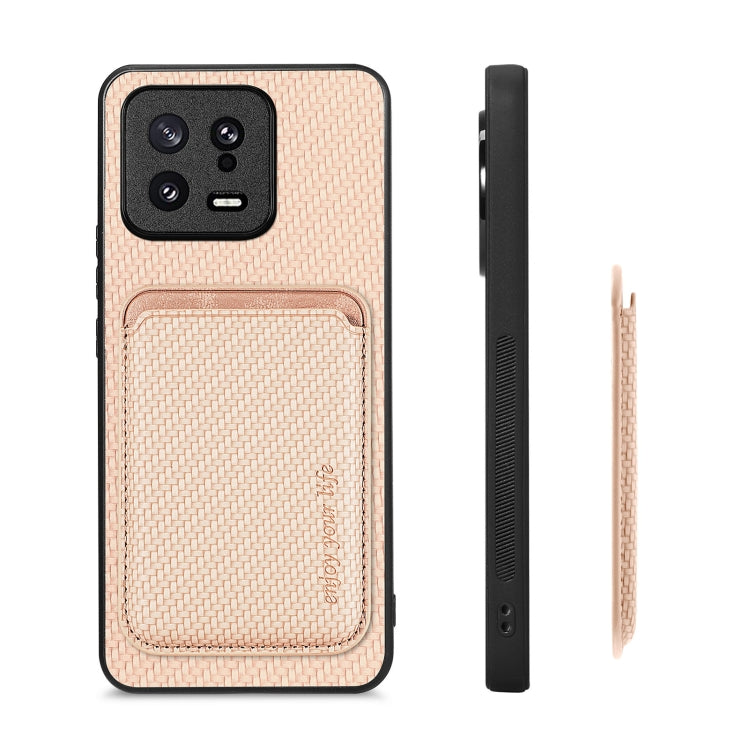 For Xiaomi 13 Carbon Fiber Leather Card Magsafe Phone Case(Khaki) - 13 Cases by PMC TechLife | Online Shopping South Africa | PMC TechLife