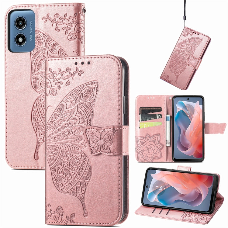 For Motorola Moto G  Play  2024 Butterfly Love Flower Embossed Leather Phone Case(Rose Pink) - Motorola Cases by PMC Jewellery | Online Shopping South Africa | PMC Jewellery | Buy Now Pay Later Mobicred