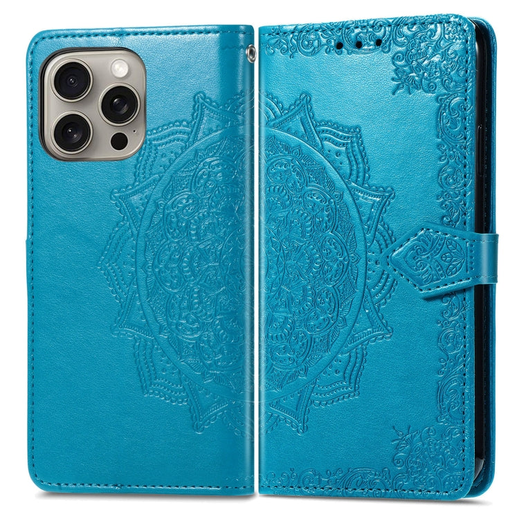 For iPhone 16 Pro Mandala Flower Embossed Leather Phone Case(Blue) - iPhone 16 Pro Cases by PMC Jewellery | Online Shopping South Africa | PMC Jewellery | Buy Now Pay Later Mobicred