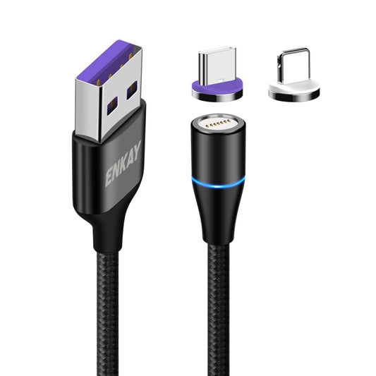 ENKAY 2 in 1 5A USB to Type-C + 8 Pin Magnetic Fast Charging Data Cable with LED Light, Length: 1m(Black) - Charging Cable & Head by ENKAY | Online Shopping South Africa | PMC Jewellery | Buy Now Pay Later Mobicred