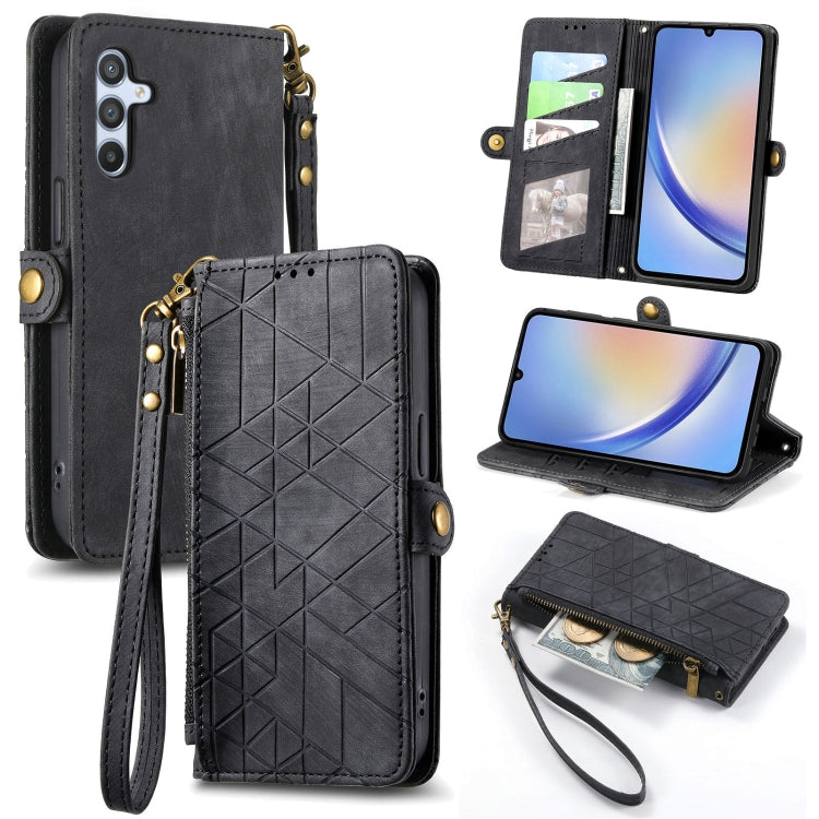 For Samsung Galaxy A21S Geometric Zipper Wallet Side Buckle Leather Phone Case(Black) - free shipping - PMC TechLife - Order now!