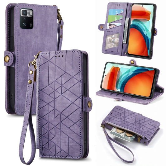 For Xiaomi Poco X3 GT Geometric Zipper Wallet Side Buckle Leather Phone Case(Purple) - Xiaomi Cases by PMC Jewellery | Online Shopping South Africa | PMC Jewellery | Buy Now Pay Later Mobicred