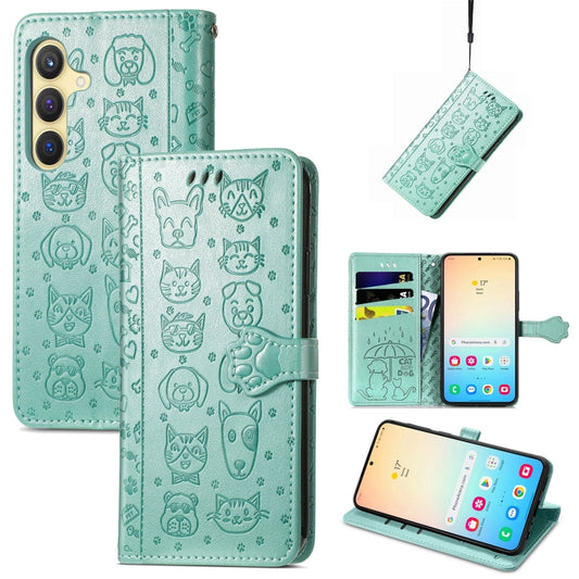 For Samsung Galaxy S25 Ultra 5G Cat and Dog Embossed Leather Phone Case(Green) - Galaxy S25 Ultra 5G Cases by PMC Jewellery | Online Shopping South Africa | PMC Jewellery | Buy Now Pay Later Mobicred