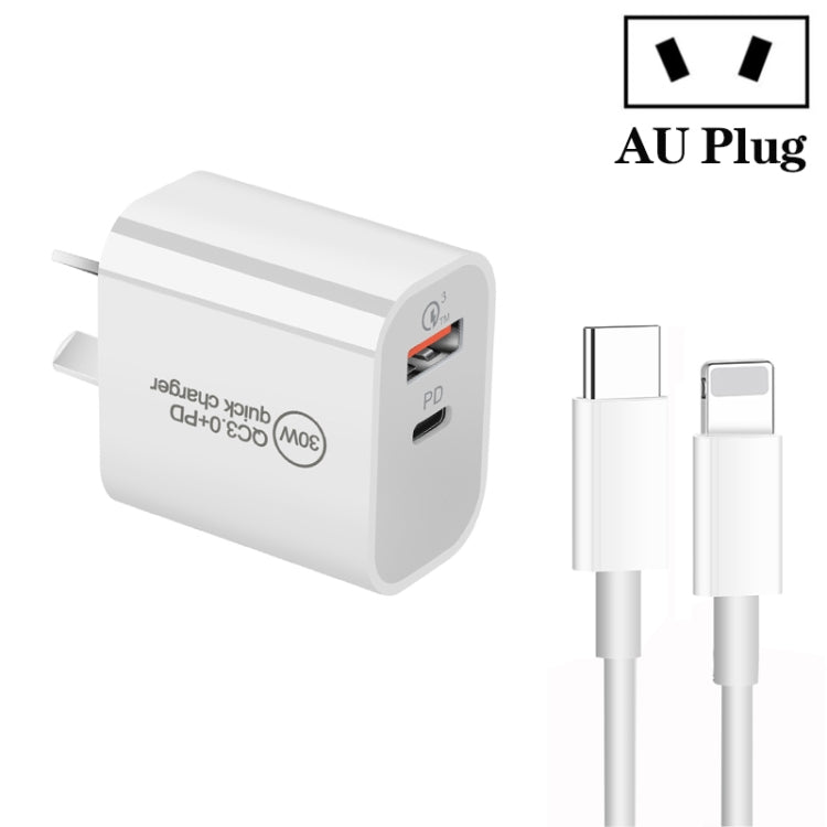 PD30W USB-C / Type-C + QC3.0 USB Dual Port Charger with 1m Type-C to 8 Pin Data Cable, AU Plug - USB Charger by PMC Jewellery | Online Shopping South Africa | PMC Jewellery | Buy Now Pay Later Mobicred