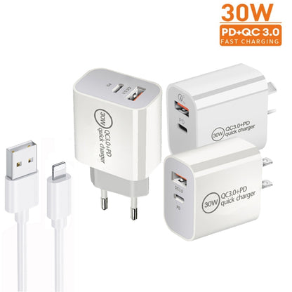 PD30W USB-C / Type-C + QC3.0 USB Dual Port Charger with 1m USB to 8 Pin Data Cable, EU Plug - USB Charger by PMC Jewellery | Online Shopping South Africa | PMC Jewellery | Buy Now Pay Later Mobicred