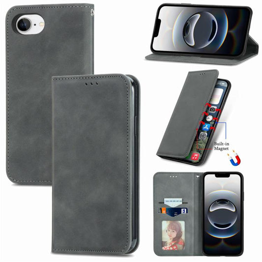 For iPhone 16e Retro Skin Feel Magnetic Flip Leather Phone Case(Gray) - iPhone 16e Cases by PMC Jewellery | Online Shopping South Africa | PMC Jewellery | Buy Now Pay Later Mobicred