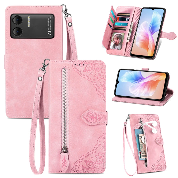 For DOOGEE X98 Pro / X98 Embossed Flower Zipper Leather Phone Case(Pink) - Doogee Cases by PMC Jewellery | Online Shopping South Africa | PMC Jewellery | Buy Now Pay Later Mobicred