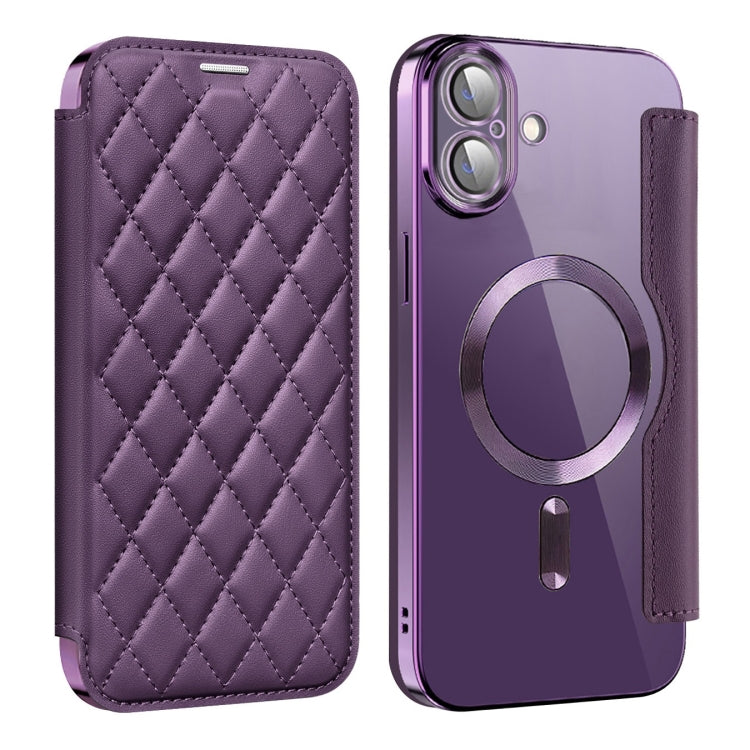 For iPhone 16 Plus Shield Magsafe RFID Anti-theft Rhombus Leather Phone Case(Purple) - iPhone 16 Plus Cases by PMC Jewellery | Online Shopping South Africa | PMC Jewellery | Buy Now Pay Later Mobicred