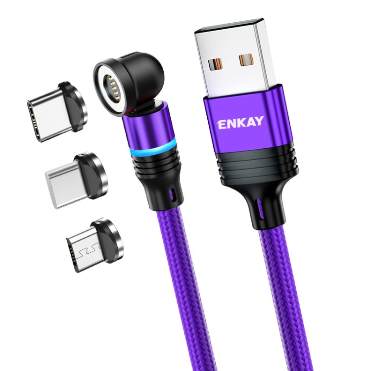 ENKAY 3 in 1 3A USB to Type-C / 8 Pin / Micro USB Magnetic 540 Degrees Rotating Fast Charging Cable, Length:2m(Purplele) - Charging Cable & Head by ENKAY | Online Shopping South Africa | PMC Jewellery | Buy Now Pay Later Mobicred