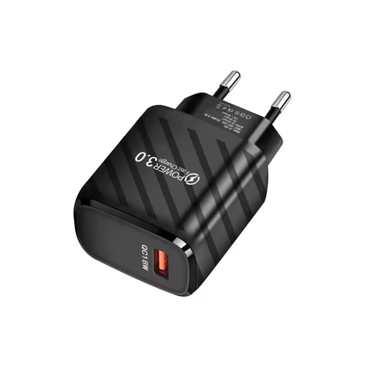 TE-005 QC3.0 18W USB Fast Charger with 1m 3A USB to 8 Pin Cable, EU Plug(Black) - USB Charger by PMC Jewellery | Online Shopping South Africa | PMC Jewellery | Buy Now Pay Later Mobicred