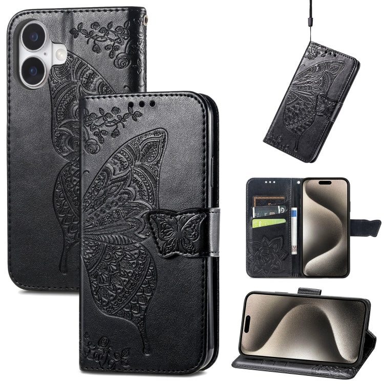 For iPhone 16 Plus Butterfly Love Flower Embossed Leather Phone Case(Black) - iPhone 16 Plus Cases by PMC Jewellery | Online Shopping South Africa | PMC Jewellery | Buy Now Pay Later Mobicred