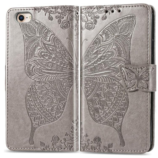 For iPhone 16e Butterfly Love Flower Embossed Leather Phone Case(Gray) - iPhone 16e Cases by PMC Jewellery | Online Shopping South Africa | PMC Jewellery | Buy Now Pay Later Mobicred