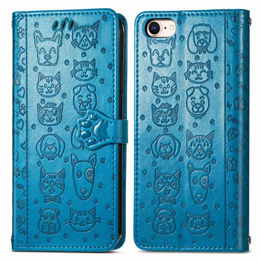 For iPhone 16e Cat and Dog Embossed Leather Phone Case(Blue) - iPhone 16e Cases by PMC Jewellery | Online Shopping South Africa | PMC Jewellery | Buy Now Pay Later Mobicred