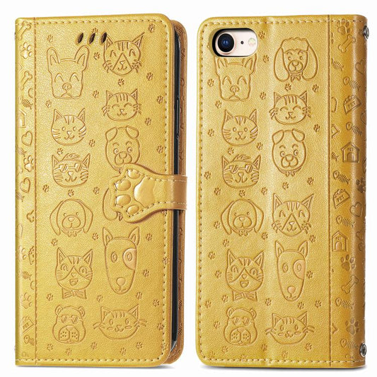 For iPhone 16e Cat and Dog Embossed Leather Phone Case(Yellow) - iPhone 16e Cases by PMC Jewellery | Online Shopping South Africa | PMC Jewellery | Buy Now Pay Later Mobicred