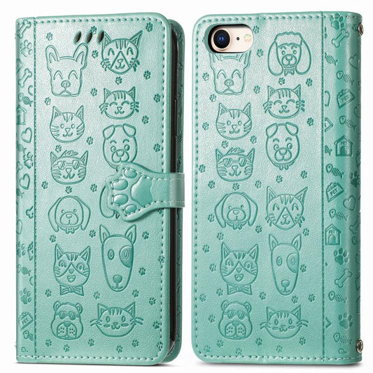 For iPhone 16e Cat and Dog Embossed Leather Phone Case(Green) - iPhone 16e Cases by PMC Jewellery | Online Shopping South Africa | PMC Jewellery | Buy Now Pay Later Mobicred