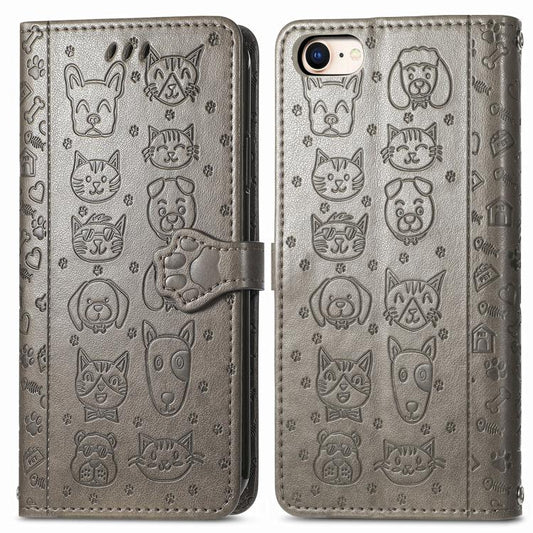 For iPhone 16e Cat and Dog Embossed Leather Phone Case(Gray) - iPhone 16e Cases by PMC Jewellery | Online Shopping South Africa | PMC Jewellery | Buy Now Pay Later Mobicred