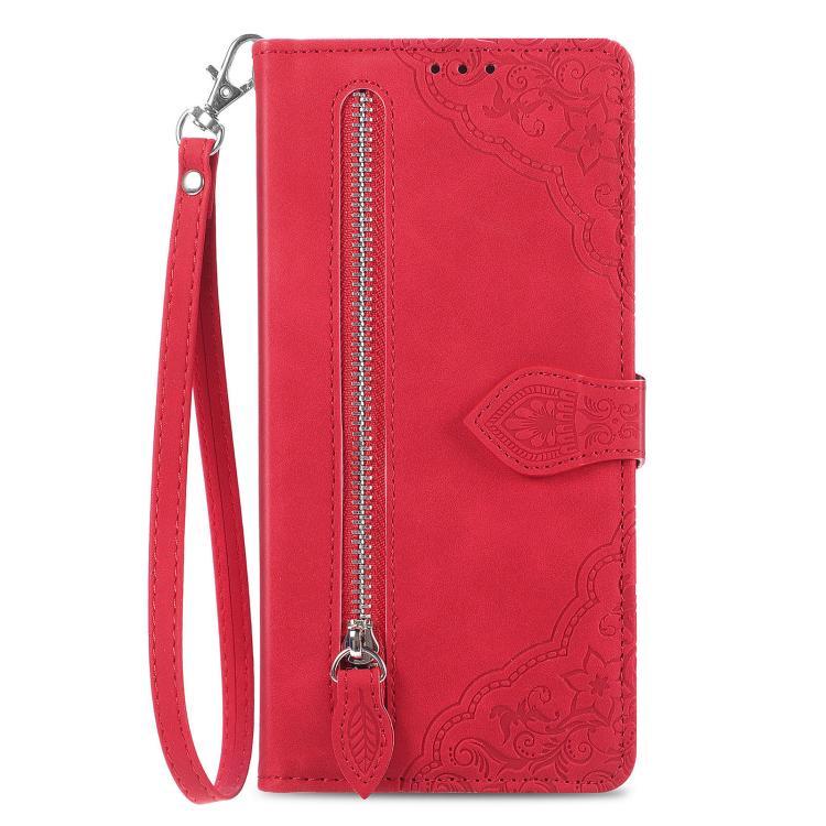 For iPhone 16e Embossed Flower Zipper Leather Phone Case(Red) - iPhone 16e Cases by PMC TechLife | Online Shopping South Africa | PMC TechLife | Buy Now Pay Later Mobicred