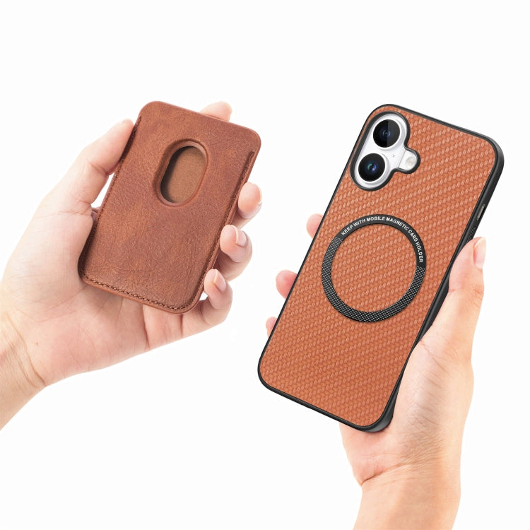 For iPhone 16 Plus Carbon Fiber Leather Card Magsafe Phone Case(Brown) - iPhone 16 Plus Cases by PMC Jewellery | Online Shopping South Africa | PMC Jewellery | Buy Now Pay Later Mobicred