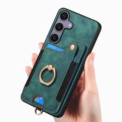 For Samsung Galaxy S25 5G Retro Skin-feel Ring Multi-card Wallet Phone Case(Green) - Galaxy S25 5G Cases by PMC Jewellery | Online Shopping South Africa | PMC Jewellery | Buy Now Pay Later Mobicred