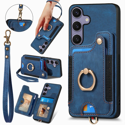 For Samsung Galaxy S25+ 5G Retro Skin-feel Ring Multi-card Wallet Phone Case(Blue) - Galaxy S25+ 5G Cases by PMC Jewellery | Online Shopping South Africa | PMC Jewellery | Buy Now Pay Later Mobicred