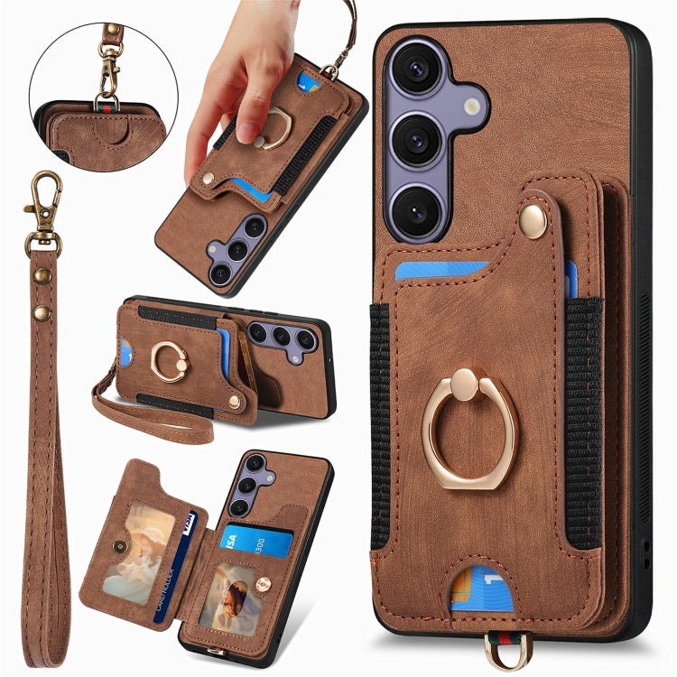 For Samsung Galaxy S25+ 5G Retro Skin-feel Ring Multi-card Wallet Phone Case(Brown) - Galaxy S25+ 5G Cases by PMC Jewellery | Online Shopping South Africa | PMC Jewellery | Buy Now Pay Later Mobicred