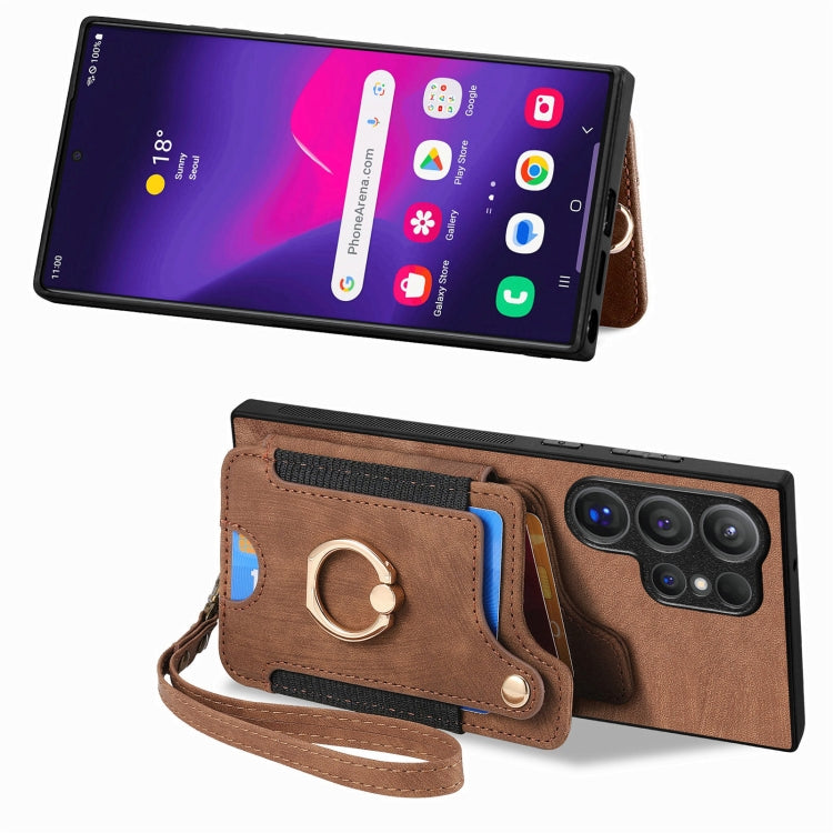 For Samsung Galaxy S25 Ultra 5G Retro Skin-feel Ring Multi-card Wallet Phone Case(Brown) - Galaxy S25 Ultra 5G Cases by PMC Jewellery | Online Shopping South Africa | PMC Jewellery | Buy Now Pay Later Mobicred