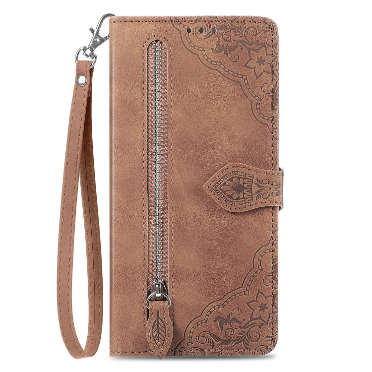 For Xiaomi Redmi K70 Embossed Flower Zipper Leather Phone Case(Brown) - K70 Cases by PMC Jewellery | Online Shopping South Africa | PMC Jewellery | Buy Now Pay Later Mobicred