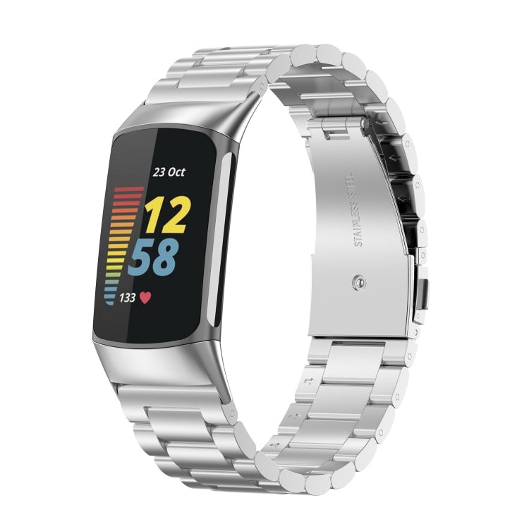 For Fitbit Charge 6 Three Beads Stainless Steel Metal Watch Band(Silver) - Watch Bands by PMC Jewellery | Online Shopping South Africa | PMC Jewellery | Buy Now Pay Later Mobicred