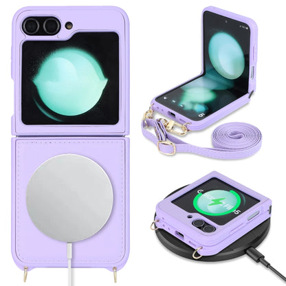 For Samsung Galaxy Z Flip5 5G Crossbody R20 Texture Leather Magsafe Phone Case(Purple) - Galaxy Z Flip5 Cases by PMC Jewellery | Online Shopping South Africa | PMC Jewellery