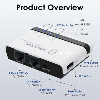 WAVLINK NU516U1 USB2.0 Wireless Printer Server With 10 / 100Mbps LAN / Bridge WiFi(AU Plug) - Printer Accessories by WAVLINK | Online Shopping South Africa | PMC Jewellery