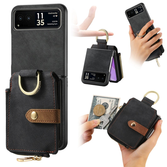 For Motorola Razr 40 Retro Skin-feel Ring Multi-card Wallet Phone Case(Black) - Motorola Cases by PMC Jewellery | Online Shopping South Africa | PMC Jewellery | Buy Now Pay Later Mobicred