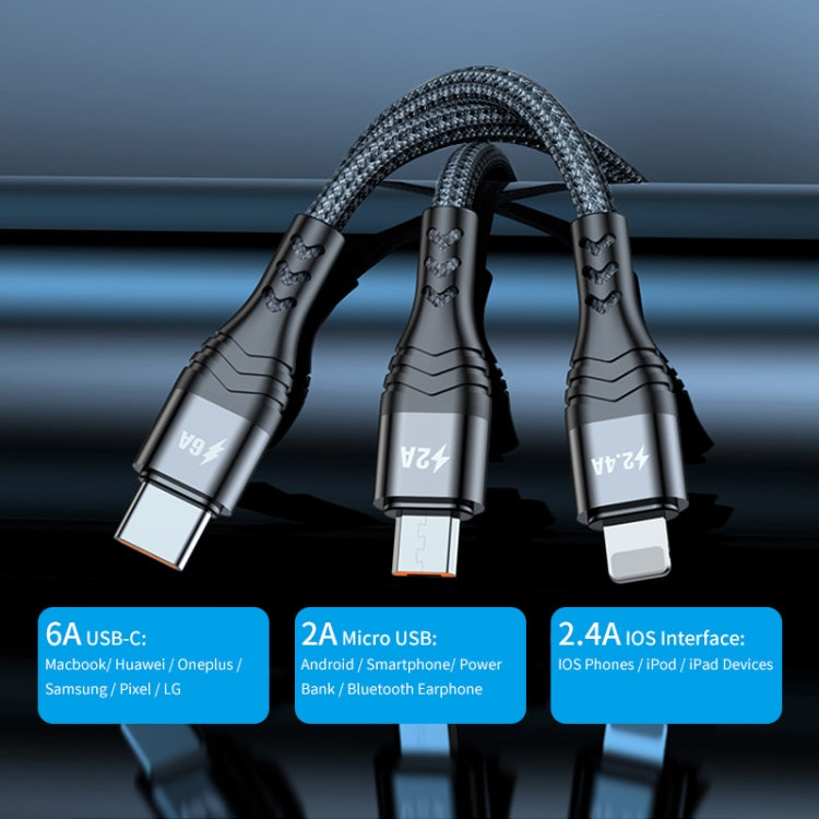 ENKAY 3-in-1 6A USB to Type-C / 8 Pin / Micro USB Multifunction Fast Charging Cable, Cable Length:1m(Black) - Multifunction Cable by ENKAY | Online Shopping South Africa | PMC Jewellery | Buy Now Pay Later Mobicred