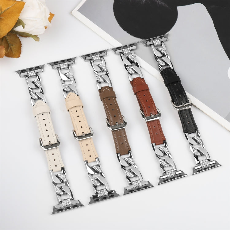 For Apple Watch Series 9 41mm Rhinestone Denim Chain Leather Watch Band(Brown) - Watch Bands by PMC Jewellery | Online Shopping South Africa | PMC Jewellery