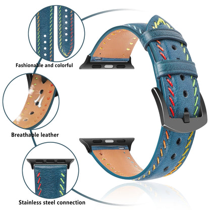 For Apple Watch SE 2022 44mm Colorful Sewing Thread Leather Watch Band(Blue) - Watch Bands by PMC Jewellery | Online Shopping South Africa | PMC Jewellery